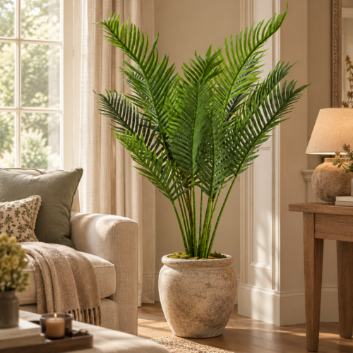 artificial parlour palm tree potted displayed in interior space