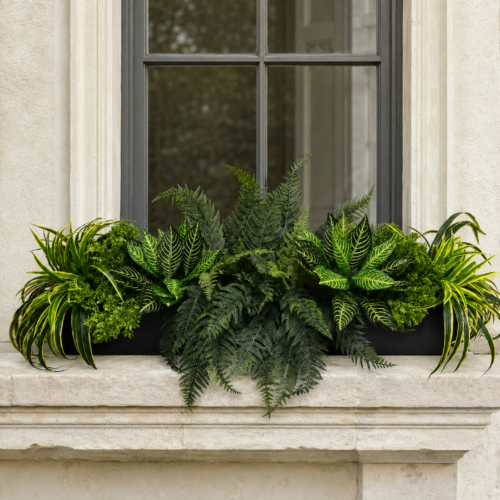 Artificial Forest Fern Window Box displayed on an elegant stone window sill