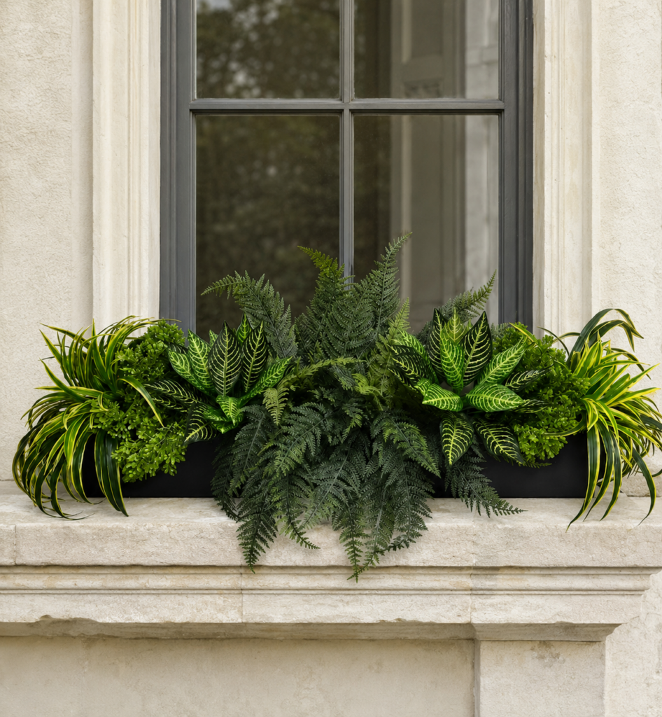 Artificial Forest Fern Window Box displayed on an elegant stone window sill