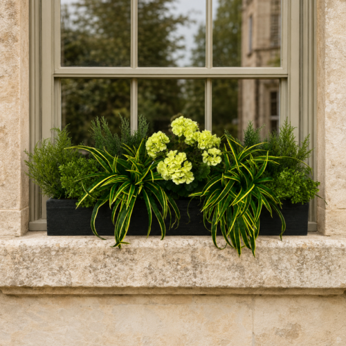 Artificial geranium and dracaena grass window box displayed on a stone window sill