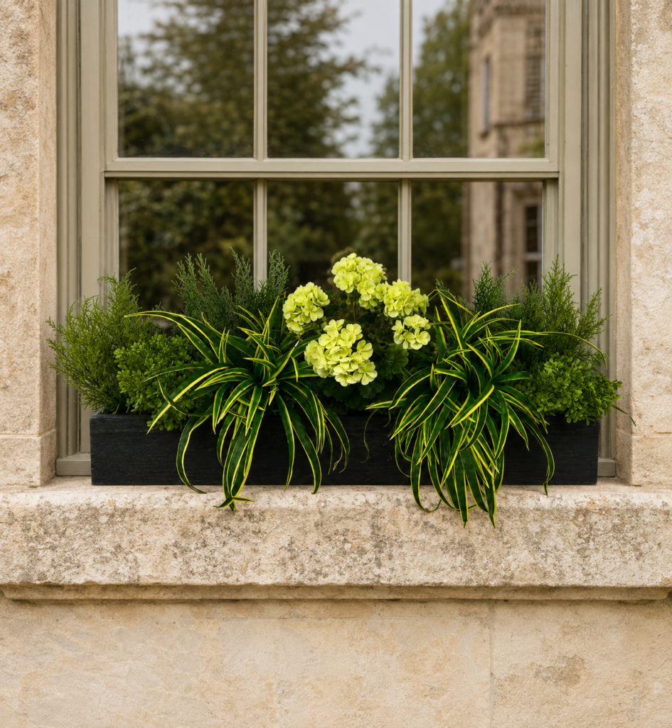Artificial geranium and dracaena grass window box displayed on a stone window sill