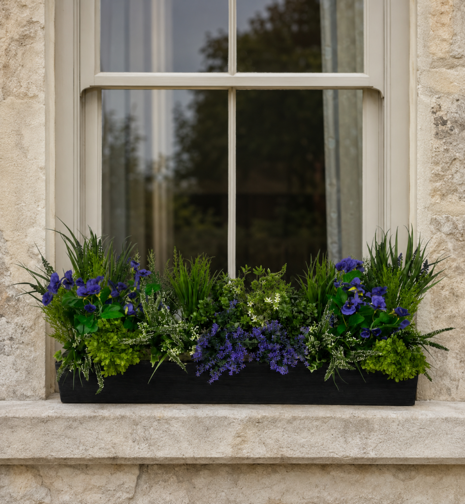 Artificial Luxe Pansy Heather Window Box on window