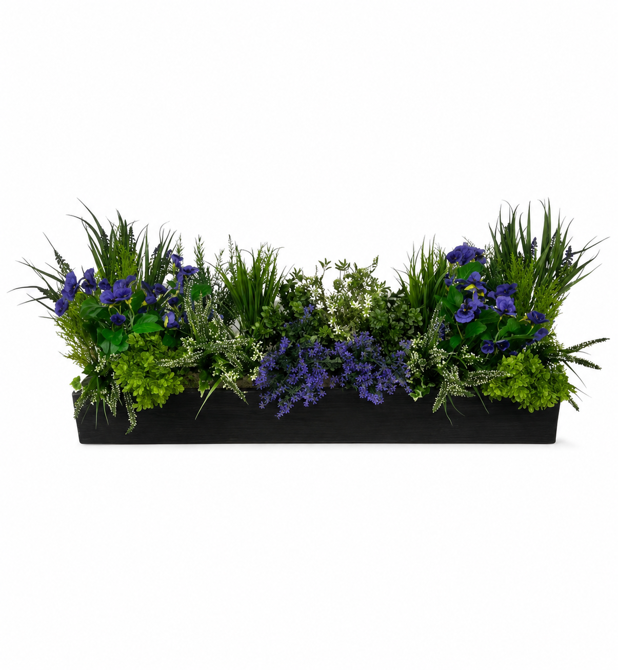 Artificial Luxe Pansy & Heather Window Box Artificial Luxe Pansy & Heather Window Box with purple pansies, heather and mixed green foliage in a black trough