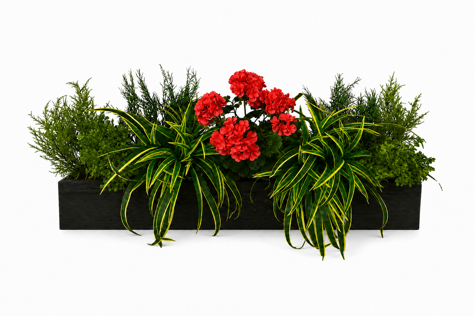 Artificial Red Geranium and Dracaena Grass Window Box Artificial Red Geranium and Dracaena Grass Window Box displayed in black timber trough