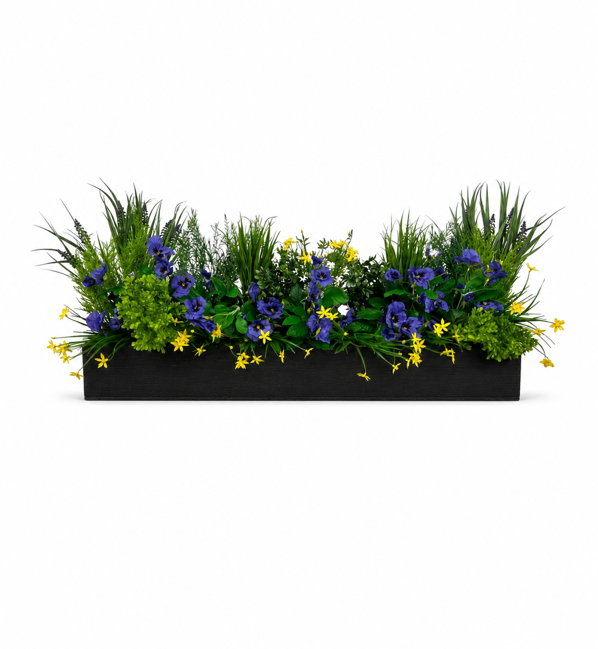 Artificial Spring Floral Window Box – Purple and Yellow Flowers Artificial Spring Floral Window Box with purple pansies, yellow flowers, grasses and mixed green foliage in a black trough