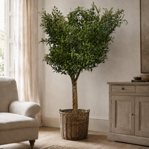 uxe hand-built real stem giant artificial olive tree 210cm displayed in a rustic basket in an elegant living room