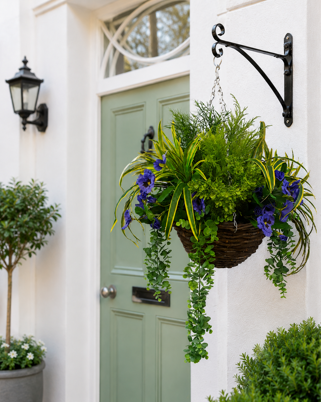Artificial Luxe Pansy & Dracaena Grass Hanging Basket