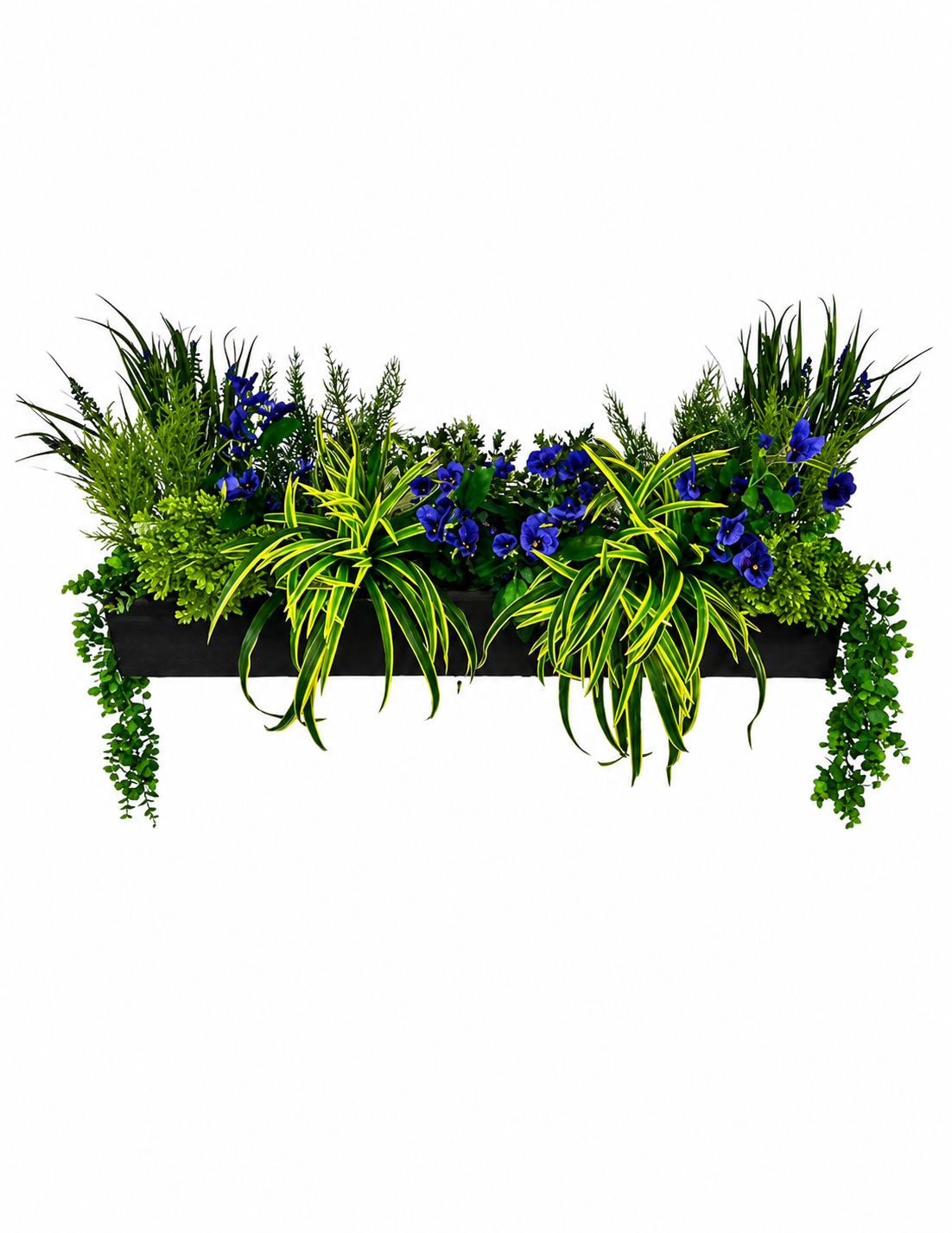 Artificial Luxe Pansy & Dracaena Window Box Artificial Luxe Pansy and Dracaena Window Box displayed on an exterior window ledge