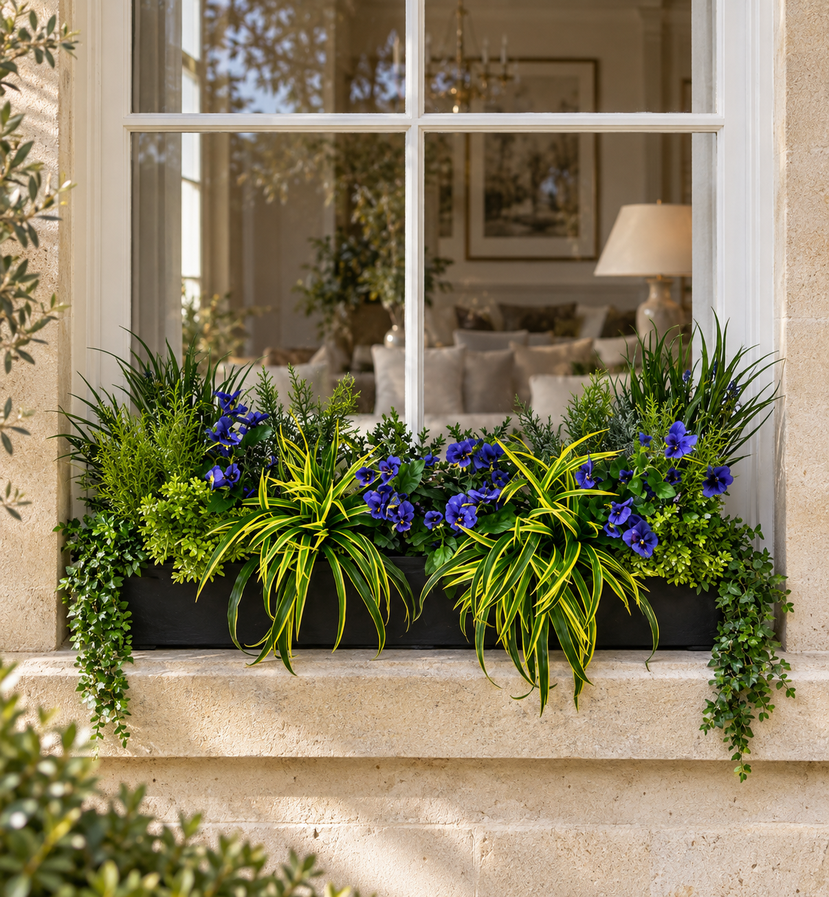 Artificial Luxe Pansy & Dracaena Window Box Artificial Luxe Pansy and Dracaena Window Box displayed on an exterior window ledge