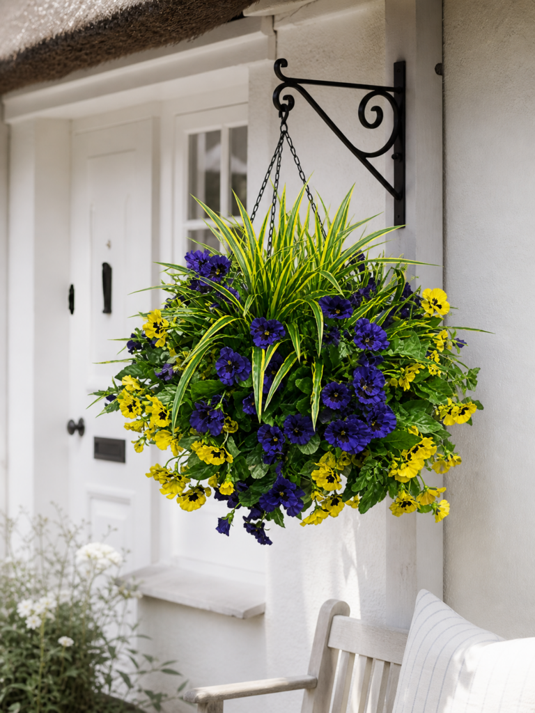 GIANT DELUXE PANSY ARTIFICIAL HANGING BASKET in situ