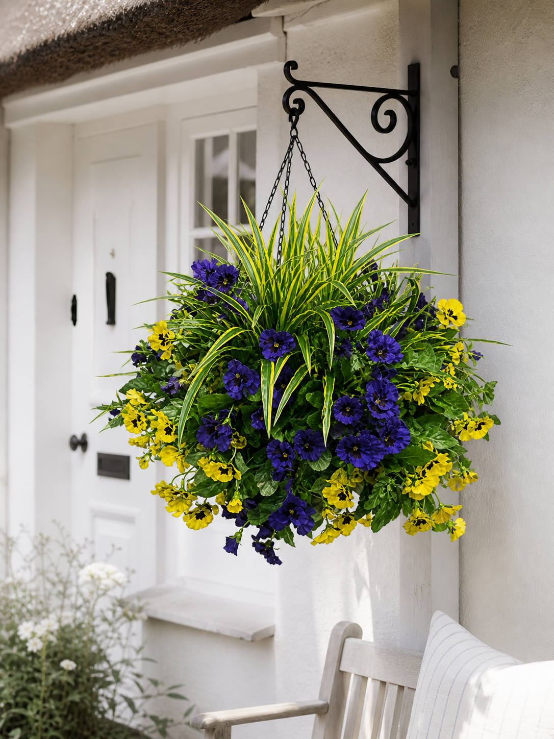 GIANT DELUXE PANSY ARTIFICIAL HANGING BASKET in situ