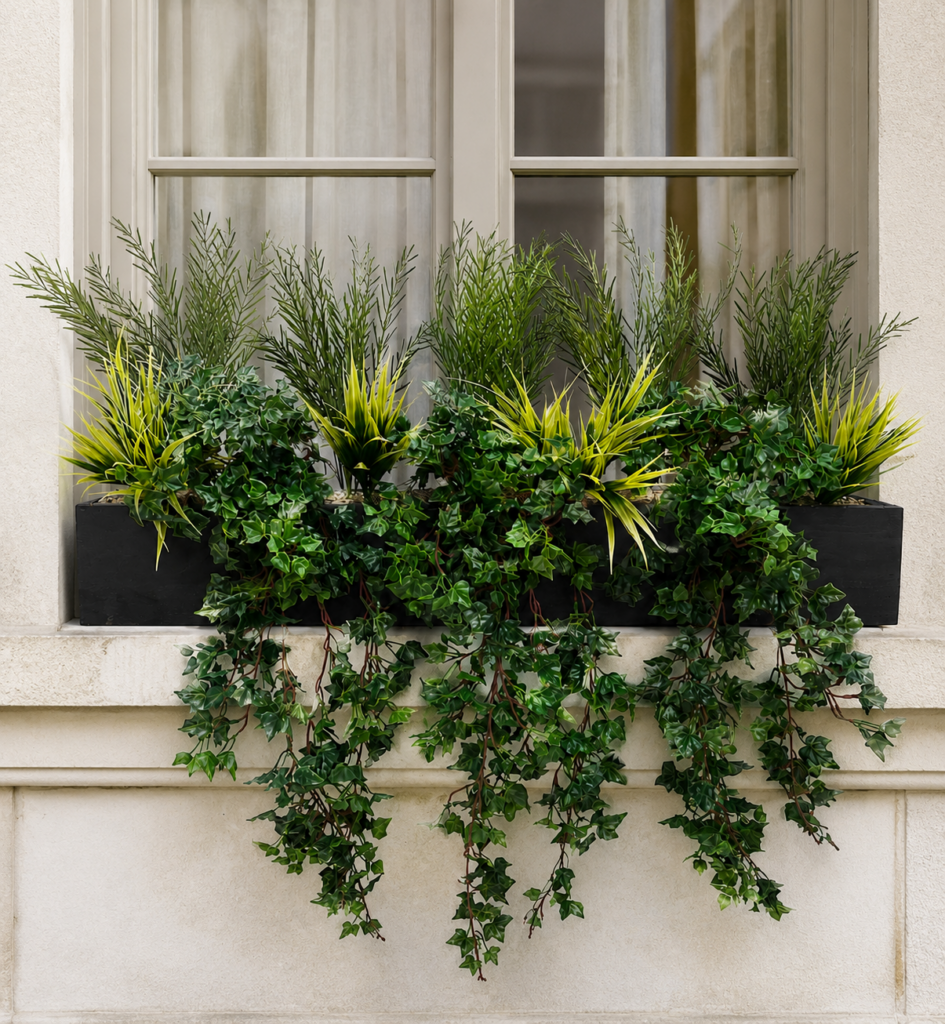 Artificial Kitchen Garden Window Box with trailing ivy and mixed green foliage on an elegant exterior windowsill