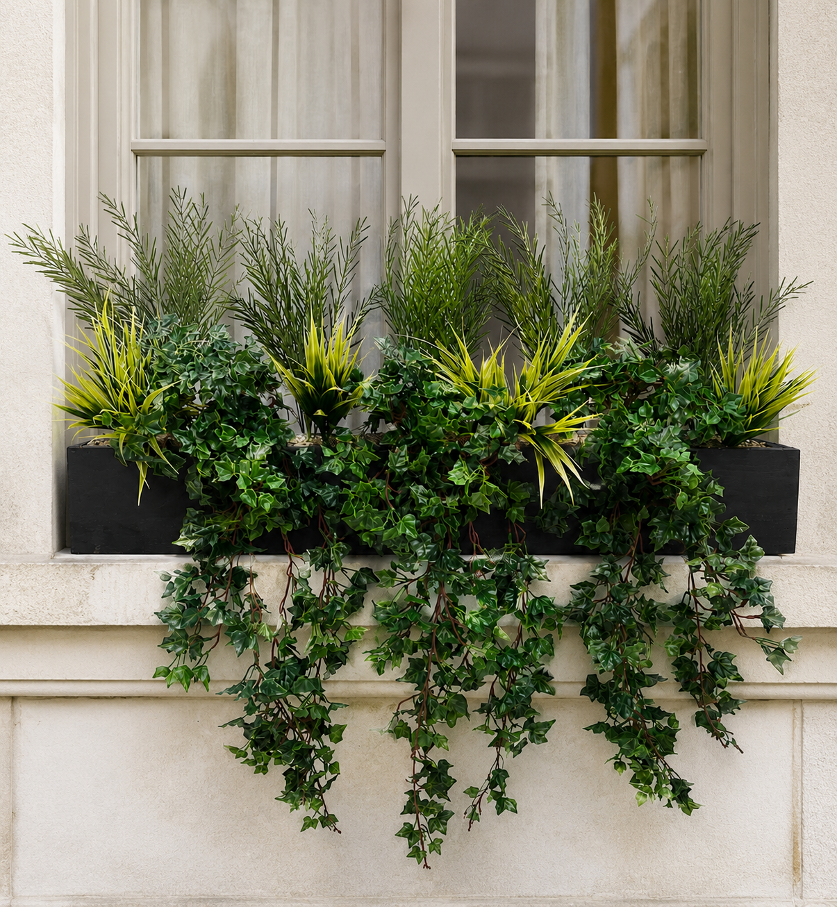 artificial-kitchen-garden-window-box-elegant-windowsill Artificial Kitchen Garden Window Box with trailing ivy and mixed green foliage on an elegant exterior windowsill