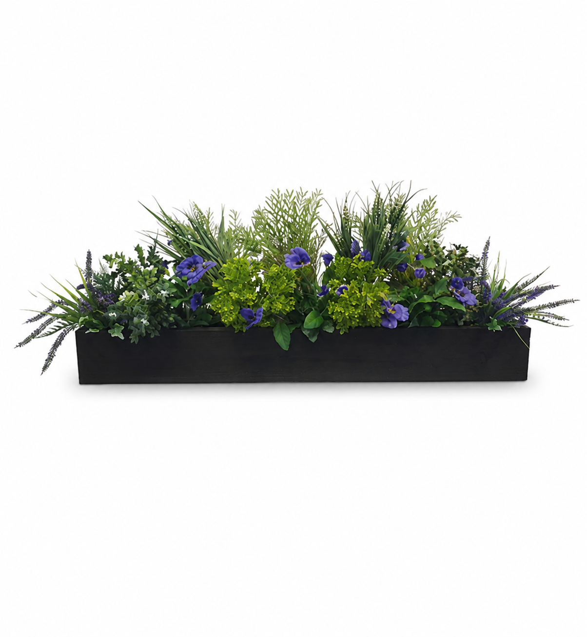 Artificial Spring Floral Window Box – Purple Pansies Artificial Spring Floral Window Box with purple pansies, lime green flowers, grasses and mixed foliage in a black trough