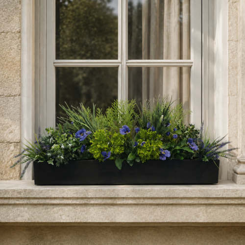 Artificial Everbloom Window Box with purple flowers and mixed green foliage displayed on an elegant stone windowsill