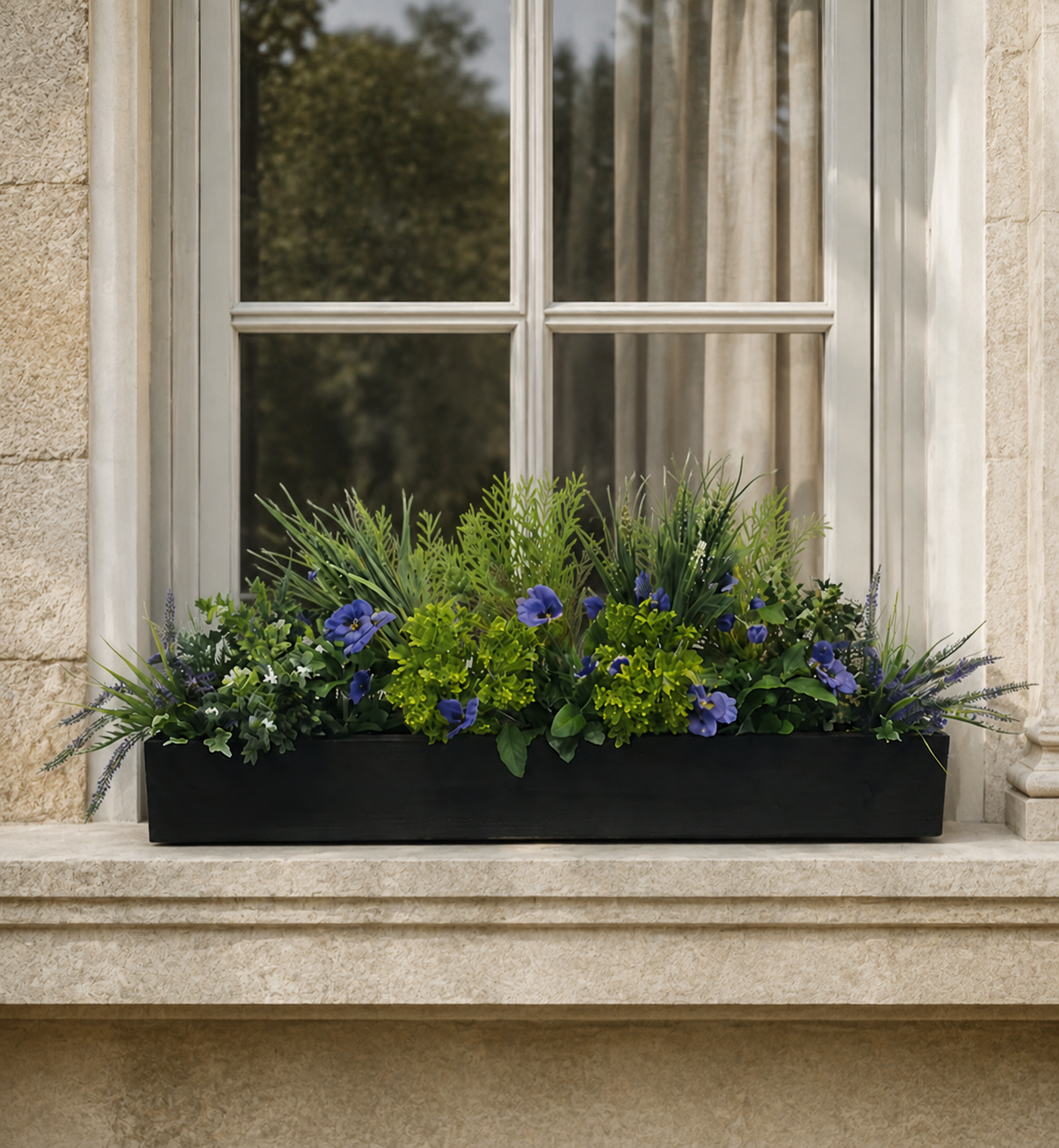 Artificial Everbloom Window Box on Luxury Stone Windowsill Artificial Everbloom Window Box with purple flowers and mixed green foliage displayed on an elegant stone windowsill