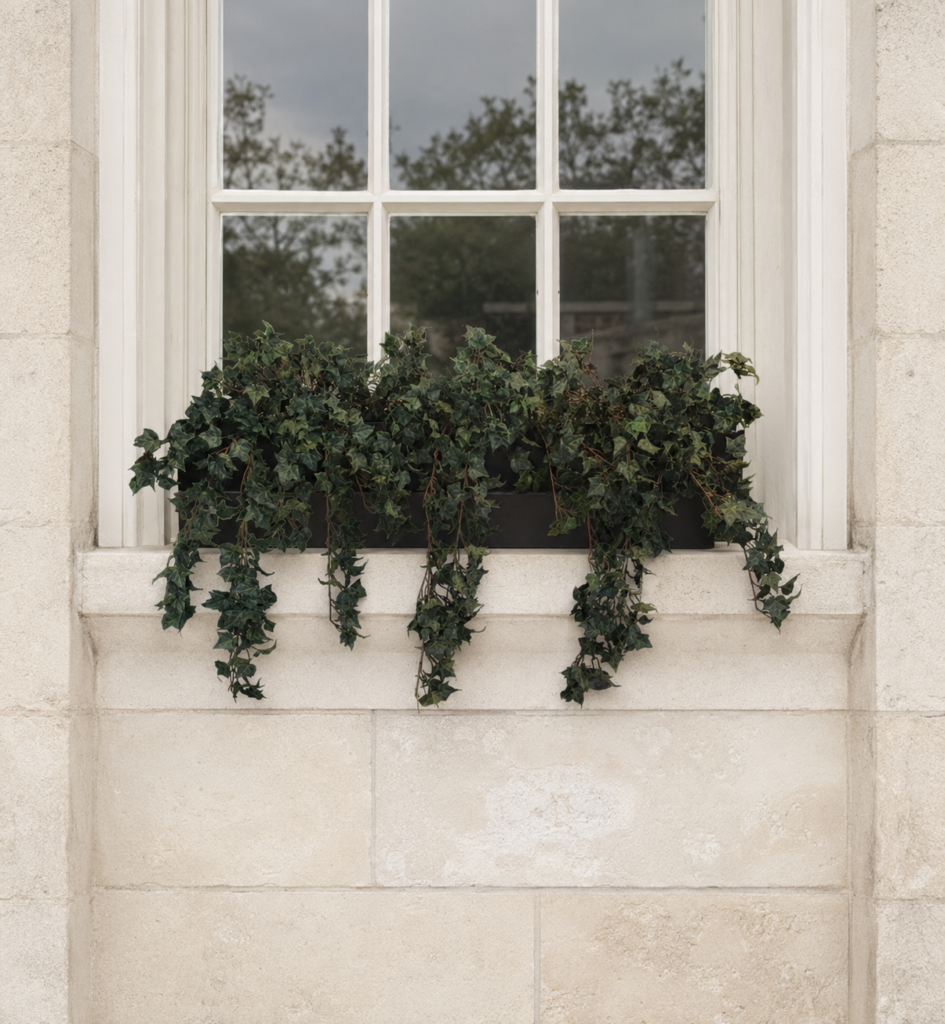 Artificial Woodland Ivy Window Box displayed on a stone window ledge