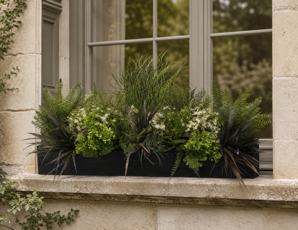 FR Wild Meadow artificial window box displayed on a stone windowsill