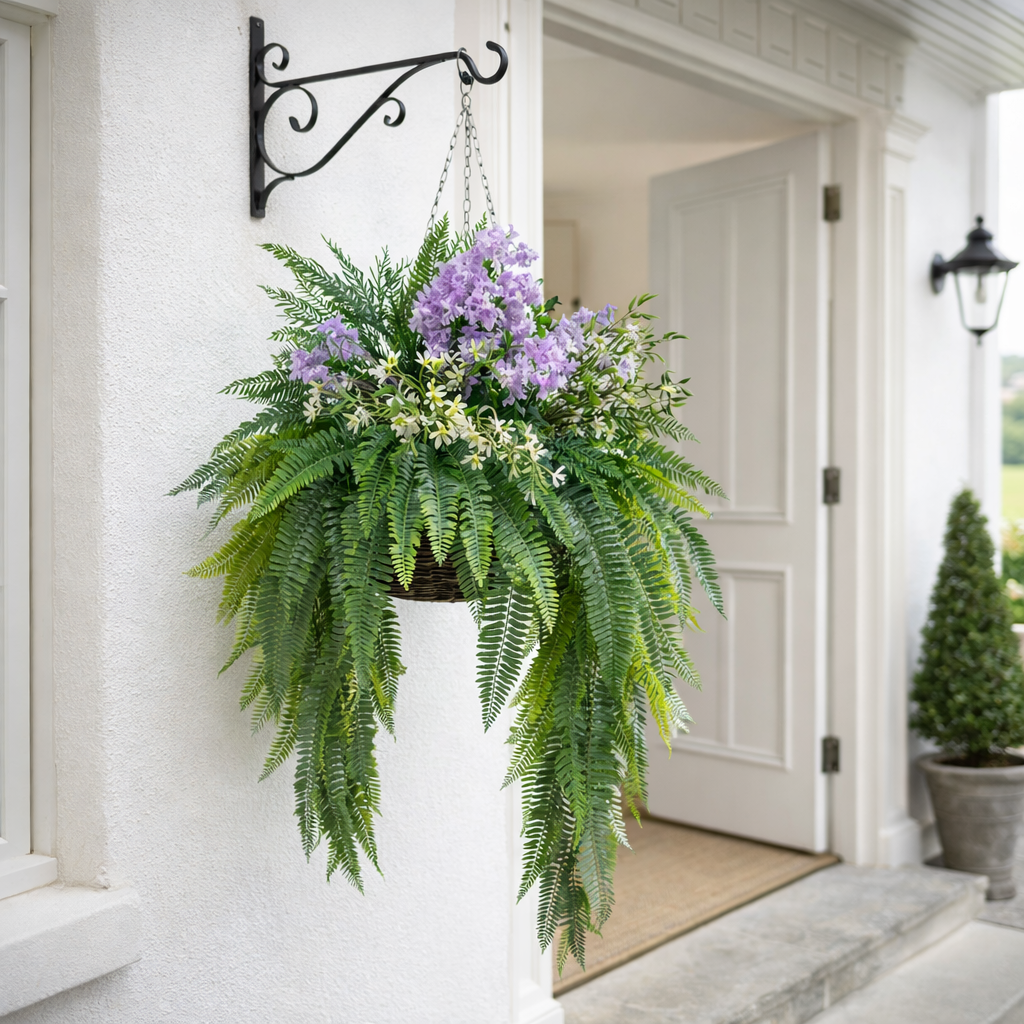 Artificial Lilac Woodland Fern Hanging Basket in situ