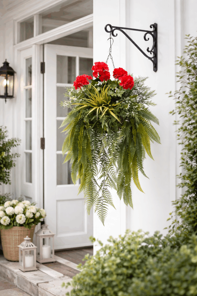 Artificial Cascading Crimson Geranium Hanging Basket in situ