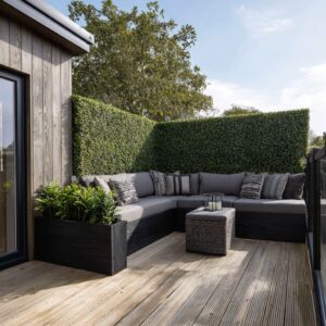 artificial plants adding colour and greenery to a spring garden