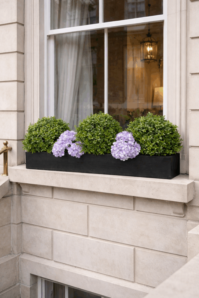 artificial Buxus and Bloom Window Box Purple In Situ