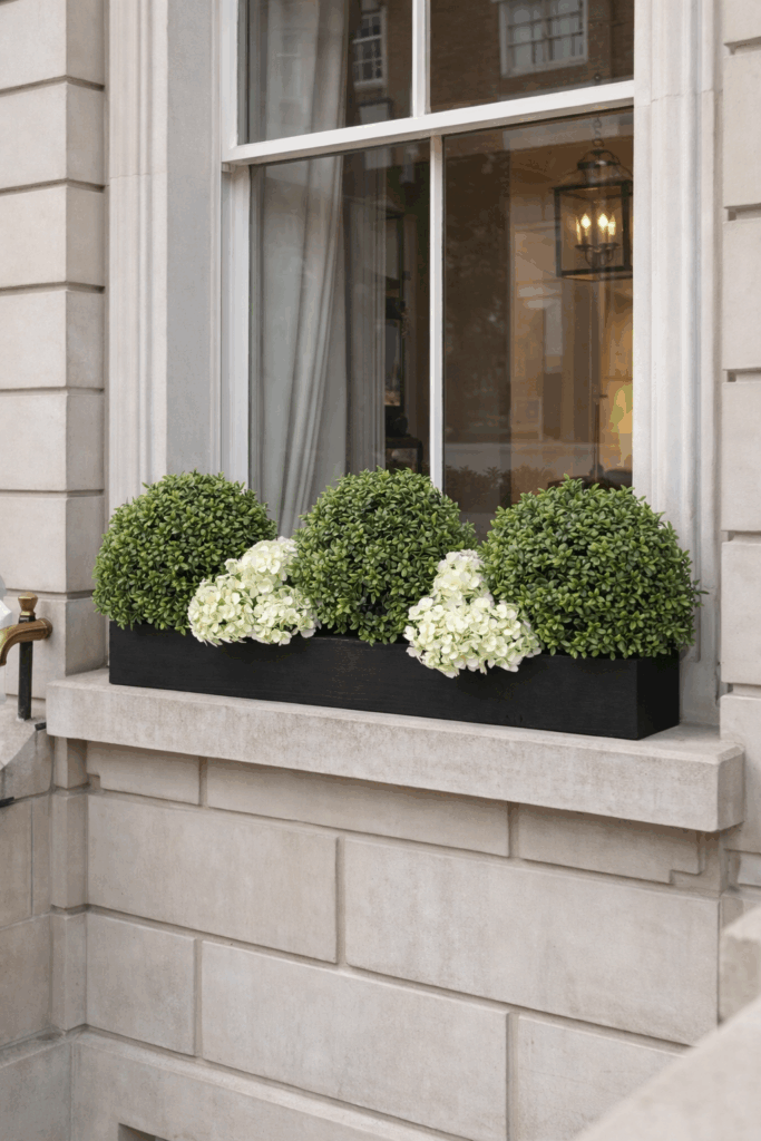 artificial Buxus and Bloom Window Box white In Situ