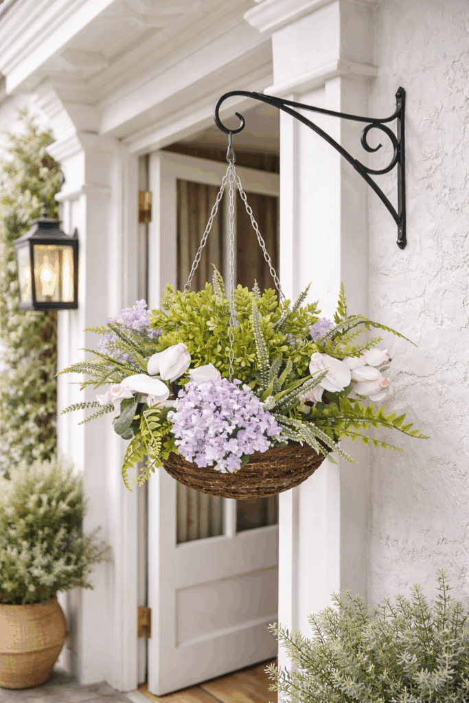 Artificial Blush Cyclamen Garden Hanging basket IN SITU