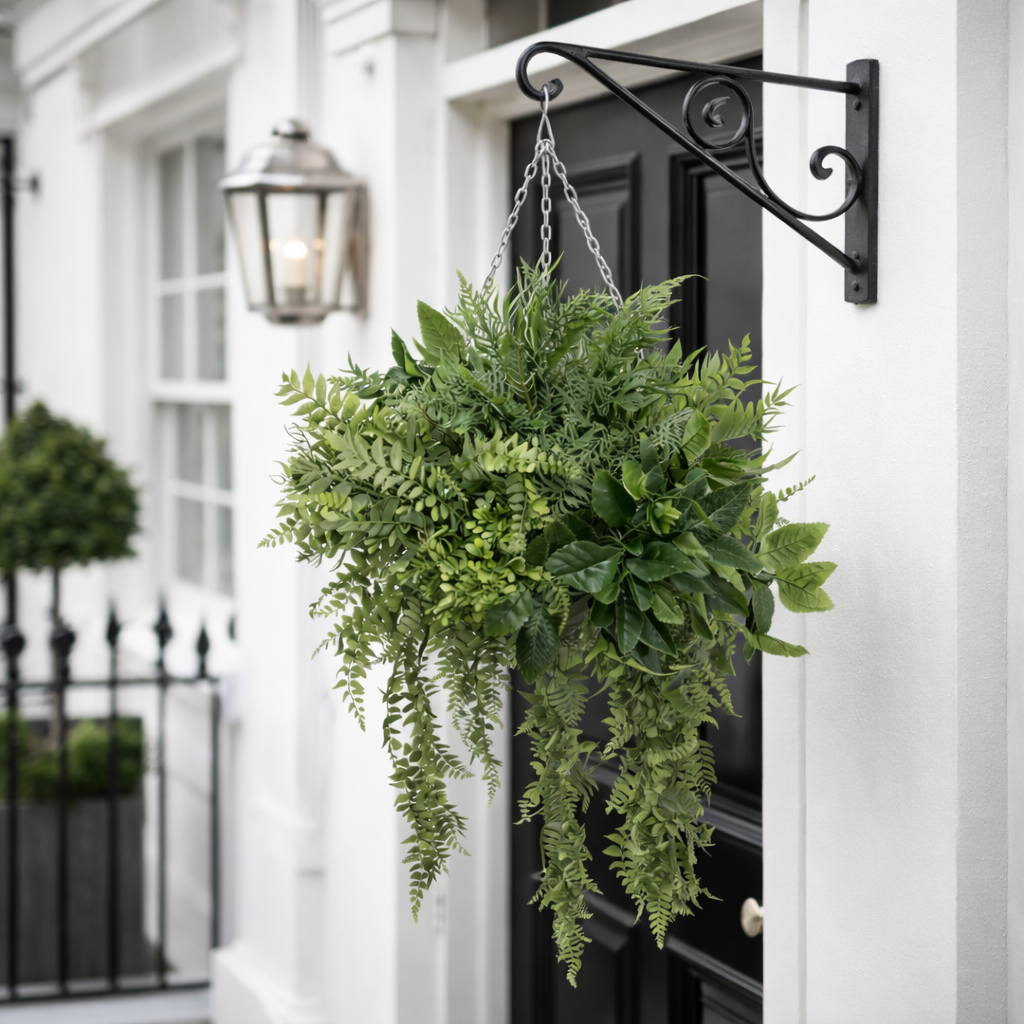 Artificial UV+ Lush Fern Hanging Basket doorway