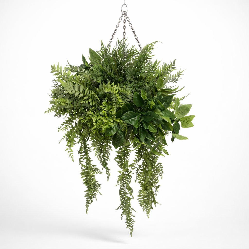 Artificial UV+ Lush Fern Hanging Basket