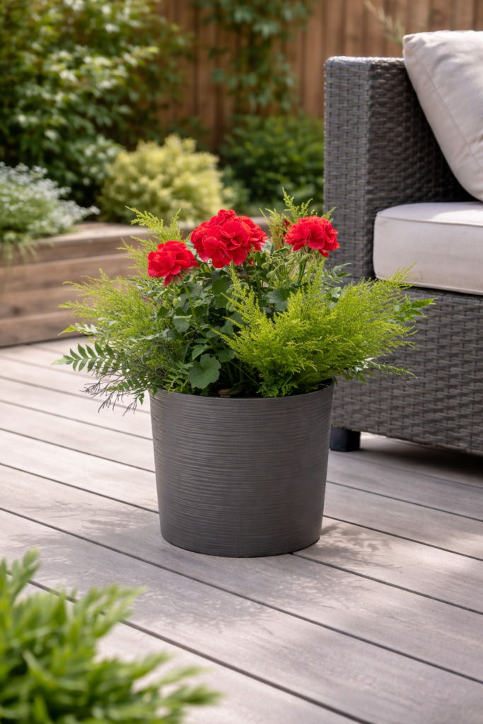 red geranium flower pot in situ