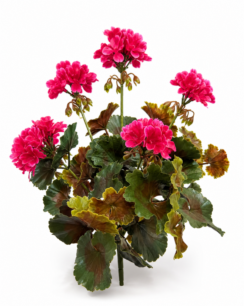 Artificial English geranium plant with large cerise pink blooms and dark green foliage