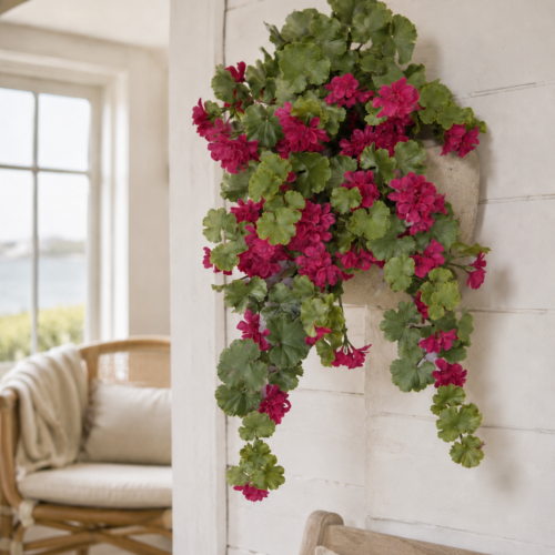 Artificial UV+ Trailing Pelargonium Plant cascading down a wall
