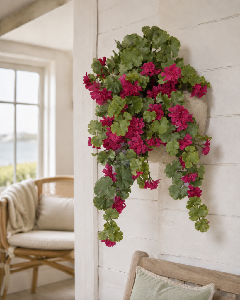 Artificial UV+ Trailing Pelargonium Plant cascading down a wall