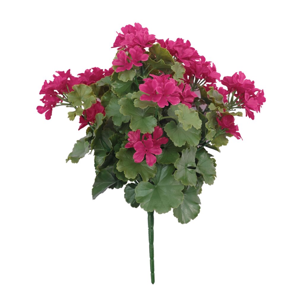 Artificial pelargonium plant with cerise pink flowers and green scalloped foliage