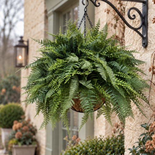 UV Protected Artificial Mixed Fern Hanging Basket on black bracket