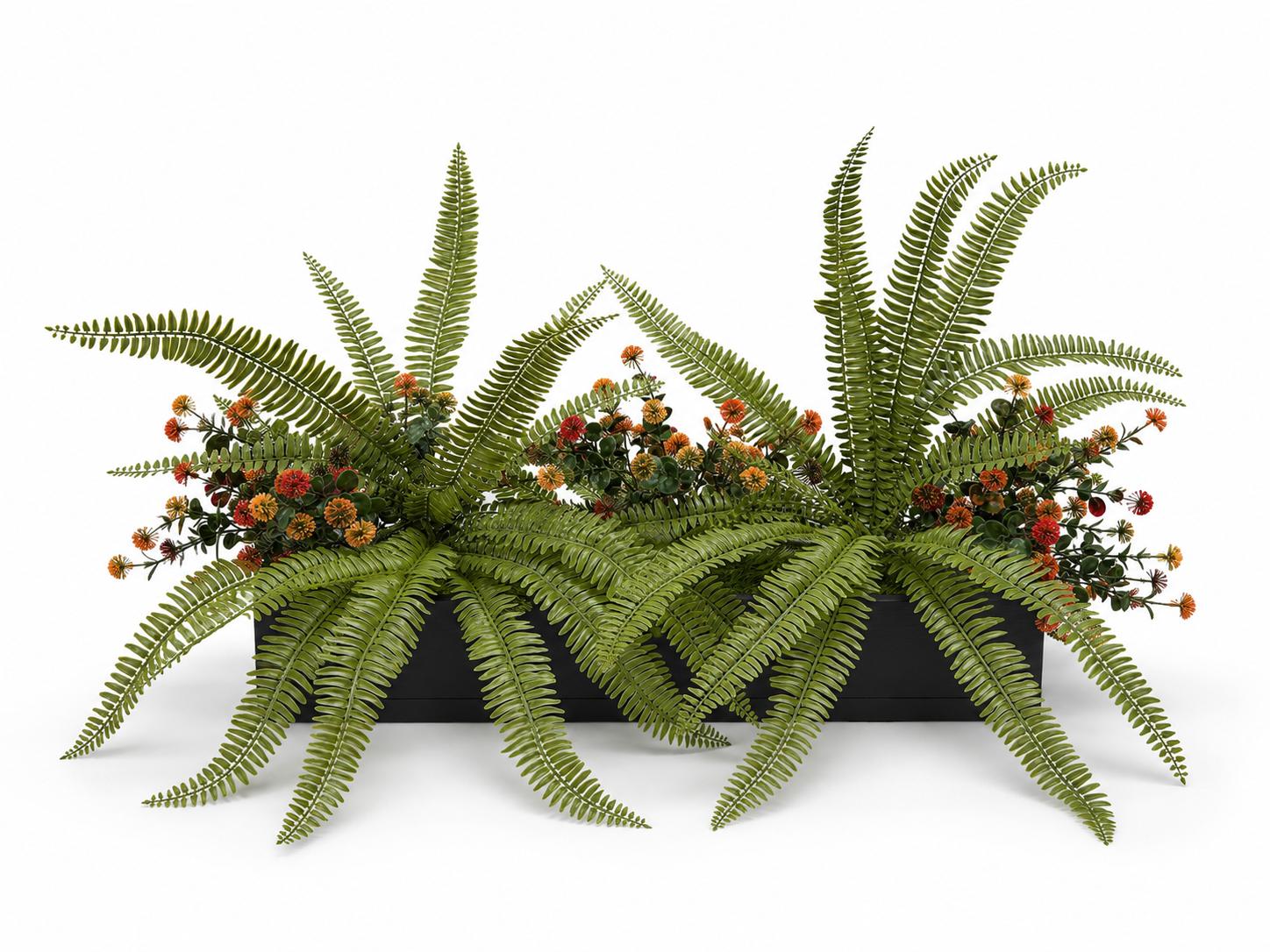 Artificial Fern and Orange Pom Pom Flower Window Box Artificial ferns and purple pom pom flowers arranged in a black timber window box