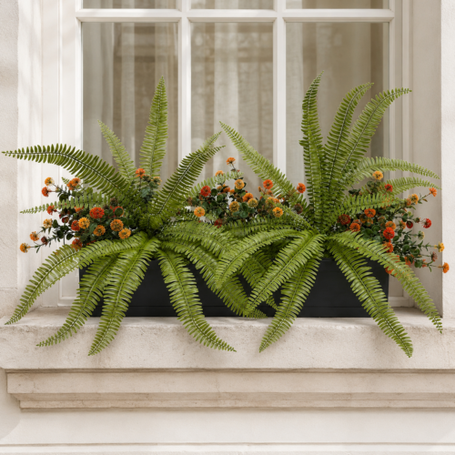 Artificial fern and orange pom pom flower window box displayed on a white stone window ledge