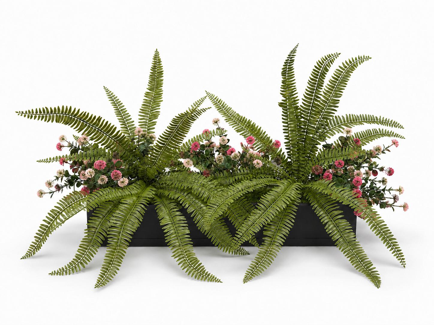 Artificial Fern and Pink Pom Pom Flower Window Box Artificial ferns and purple pom pom flowers arranged in a black timber window box