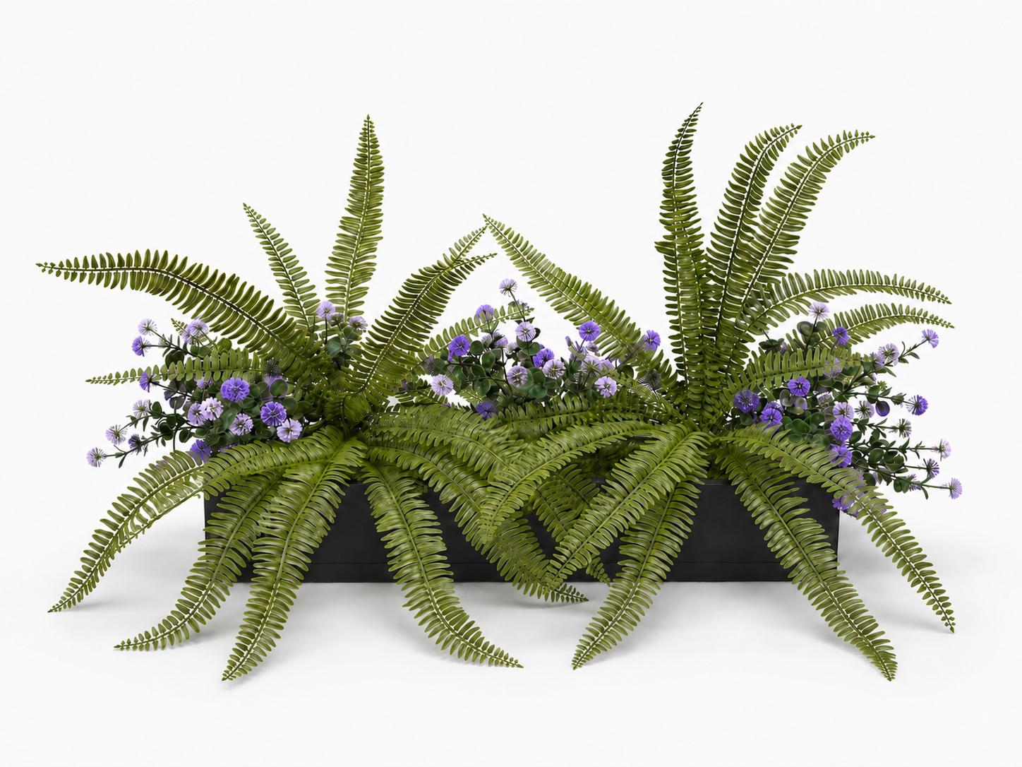 Artificial Fern and Purple Pom Pom Flower Window Box Artificial ferns and purple pom pom flowers arranged in a black timber window box