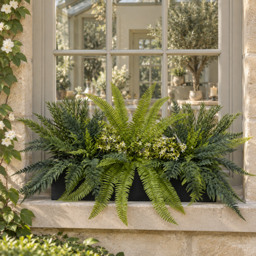 Artificial Fern & Foliage Planter Trough displayed on a greenhouse window ledge