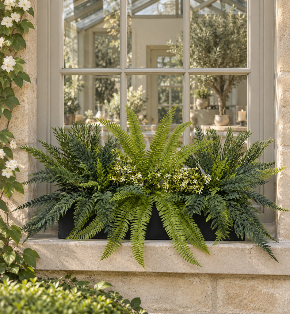 Artificial Fern & Foliage Planter Trough displayed on a greenhouse window ledge