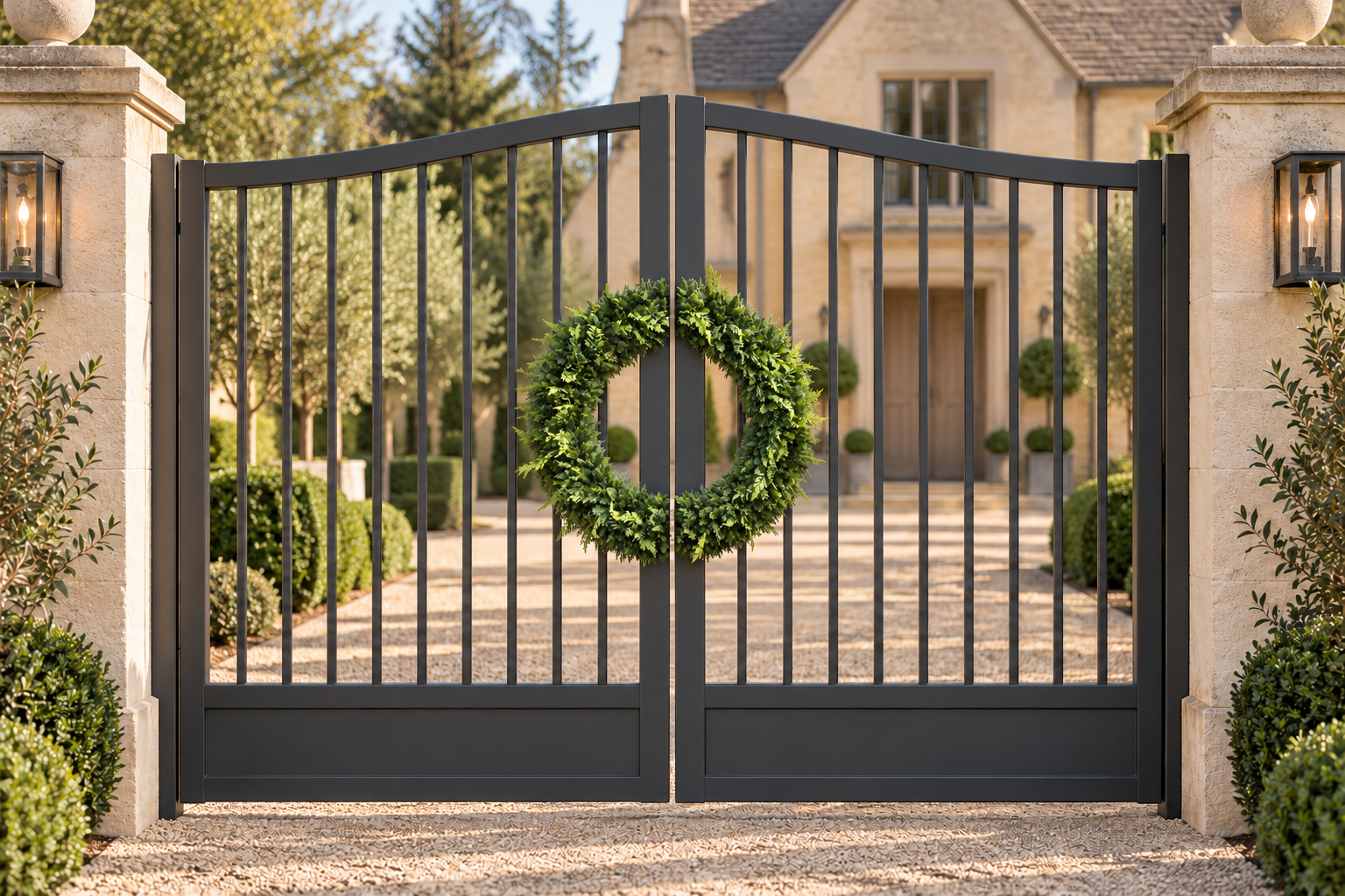 Twin green wreath on driveway gate