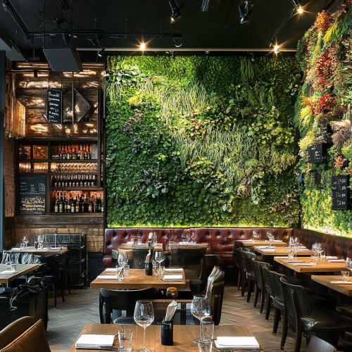 artificial plants and green wall in a restaurant